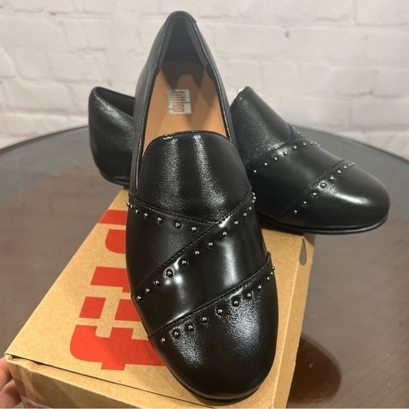 FITFLOP Angelina Microstud Loafer. Black leather with gunmetal studs in size 6 - Picture 1 of 12